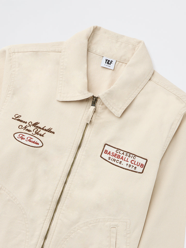 Y&F Kids Boys Beige Text Detailed Denim Jacket