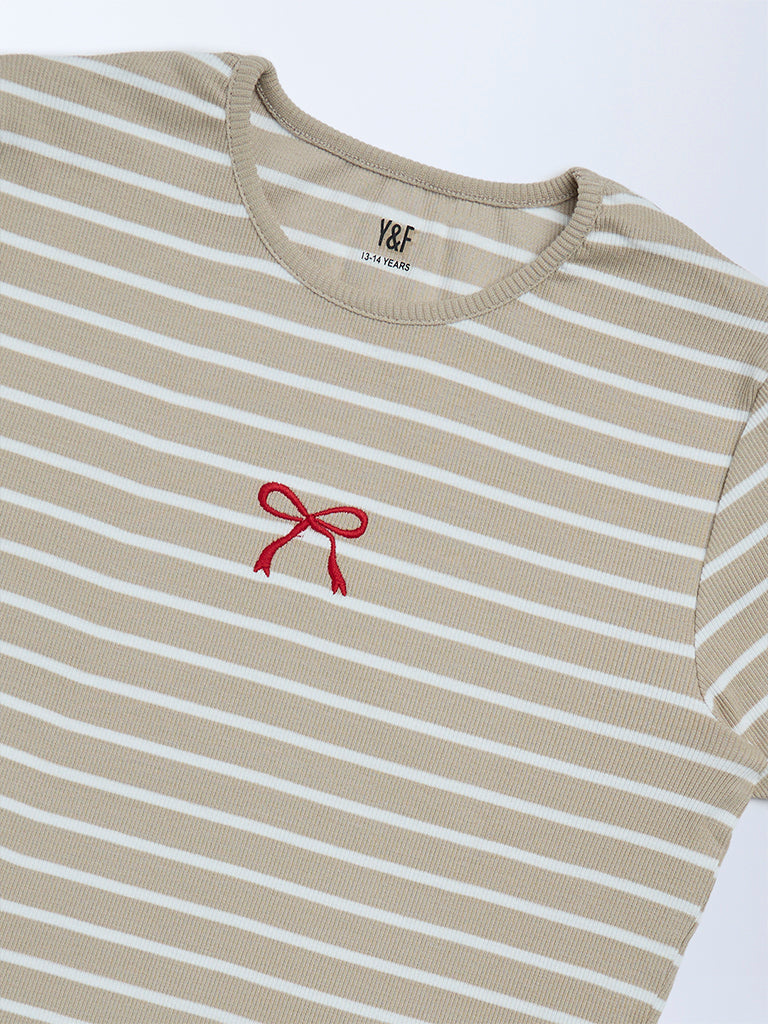 Y&F Kids Girls Beige Striped Cotton T-Shirt