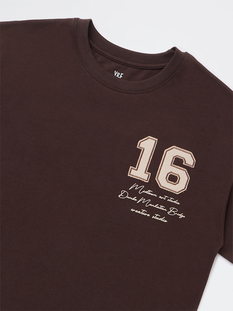 Y&F Kids Girls Dark Brown Text Detailed Cotton T-Shirt