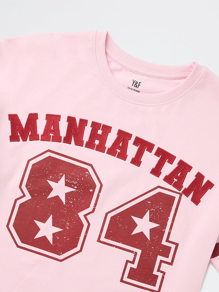 Y&F Kids Girls Pink Printed Cotton T-Shirt