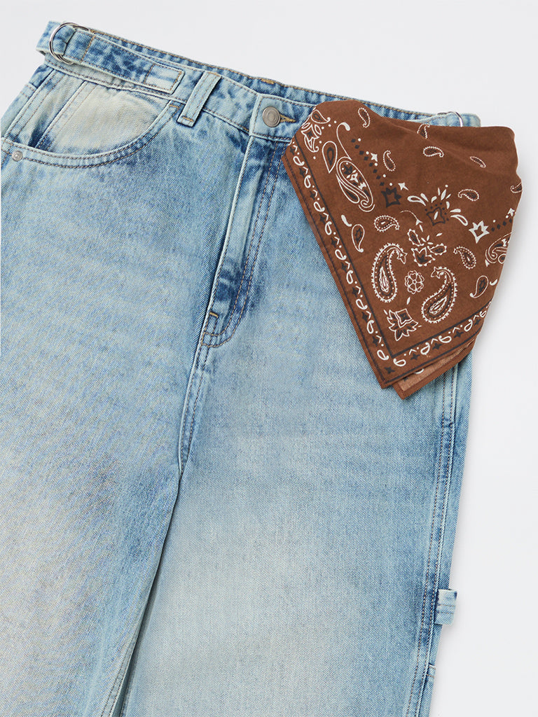 Y&F Kids Girls Light Blue Washed Relaxed-Fit High-Rise Jeans