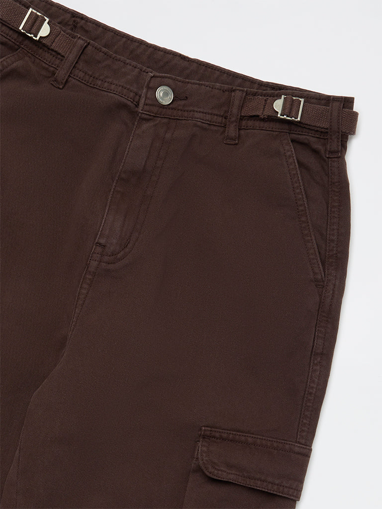 Y&F Kids Girls Dark Brown Mid-Rise Cotton Cargo Trousers
