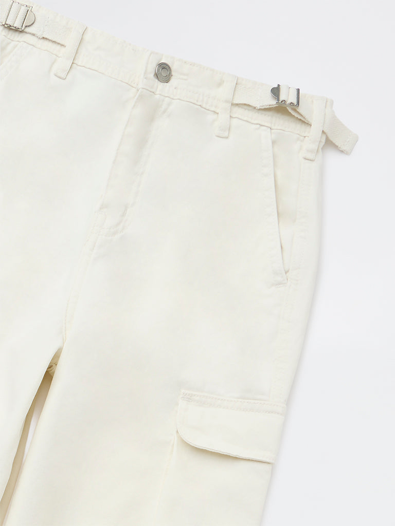 Y&F Kids Girls Off-White High-Rise Cotton Trousers