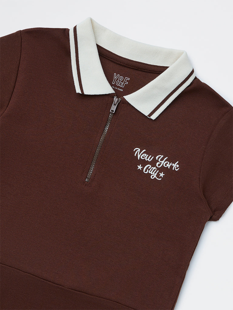 Y&F Kids Girls Brown Text Design Cotton-Blend Tennis Dress