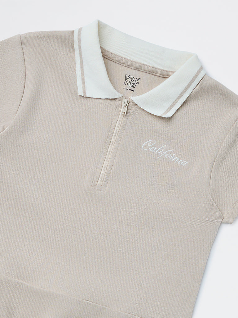 Y&F Kids Girls Beige Text Design Cotton-Blend Tennis Dress