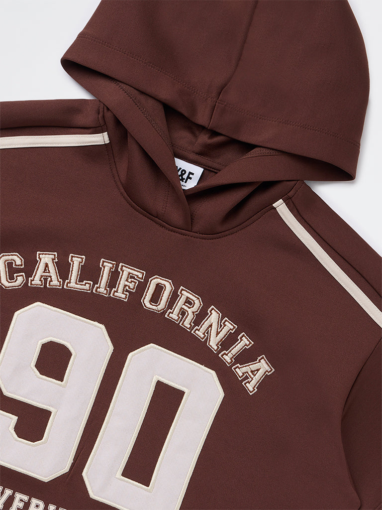 Y&F Kids Girls Brown Text Detailed Hoodie