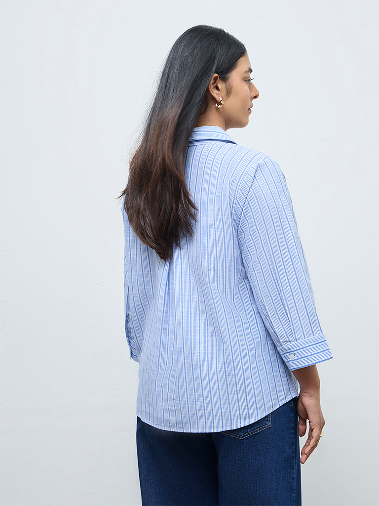 Gia Blue Striped Cotton-Blend Blouse