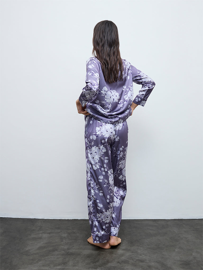 Wunderlove Lavender Floral Satin Shirt and Pyjama Set