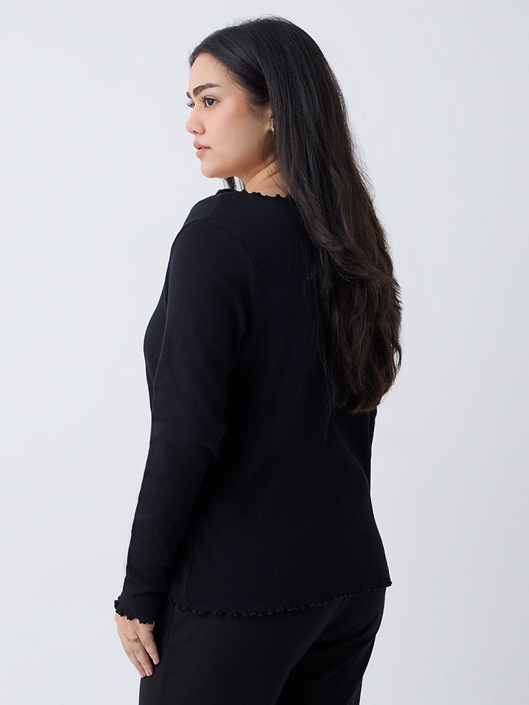 Gia Black Ribbed-Textured T-Shirt