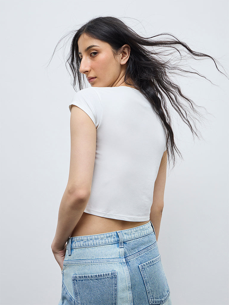 Nuon White Printed Cotton-Blend T-Shirt