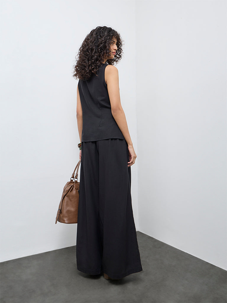LOV Black Pintuck-Detailed High-Rise Pants