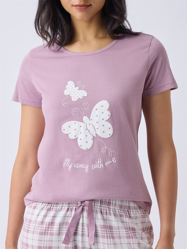 Wunderlove Dusty Pink Butterfly Printed Cotton T-Shirt