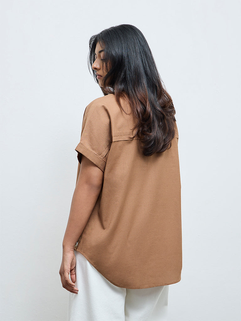 Gia Brown Solid Cotton-Blend Blouse