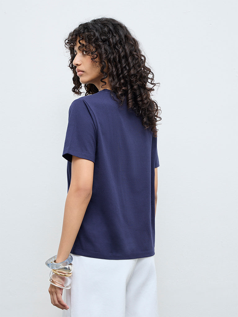 LOV Navy Solid Cotton T-Shirt
