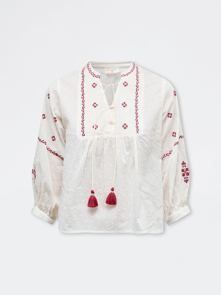 Bombay Paisley Off-White Embroidered Cotton Top