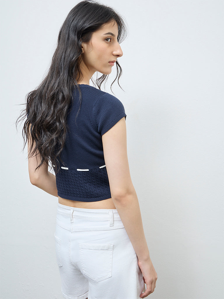 Nuon Navy Knit-Textured Top