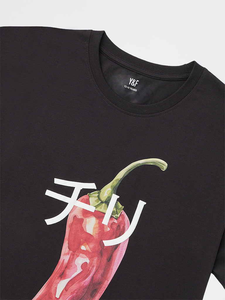 Y&F Kids Girls Black Printed Cotton T-Shirt