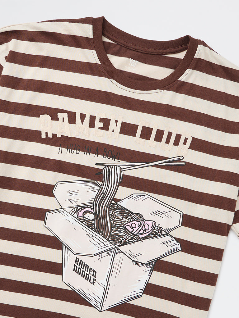 Y&F Kids Girls Dark Brown Striped Cotton T-Shirt