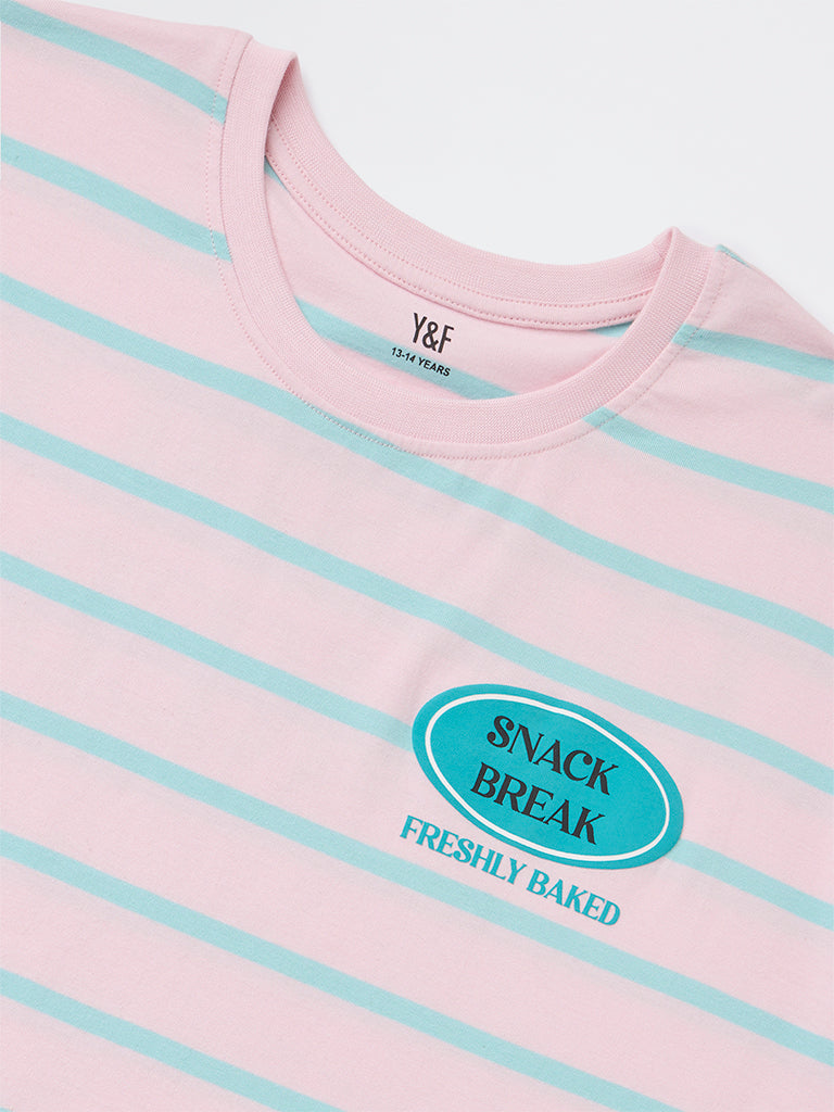 Y&F Kids Girls Light Pink Striped Cotton T-Shirt