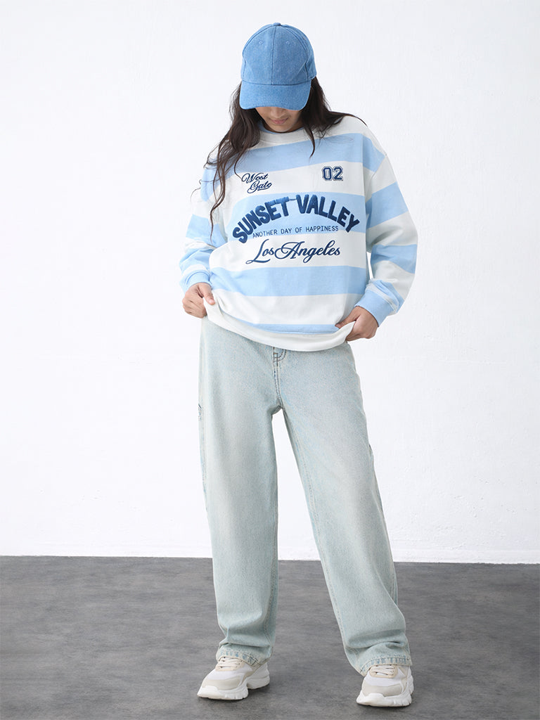 Y&F Kids Girls Blue Striped Cotton-Blend Sweatshirt