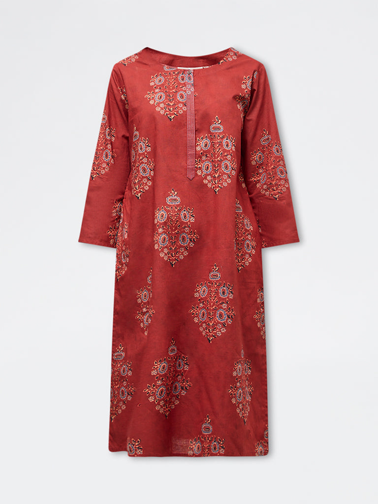 Utsa Maroon Botanical Design Cotton Straight Kurta
