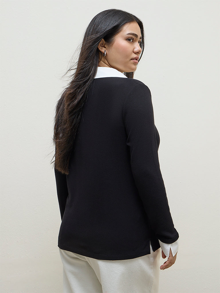Gia Black Ribbed-Textured T-Shirt