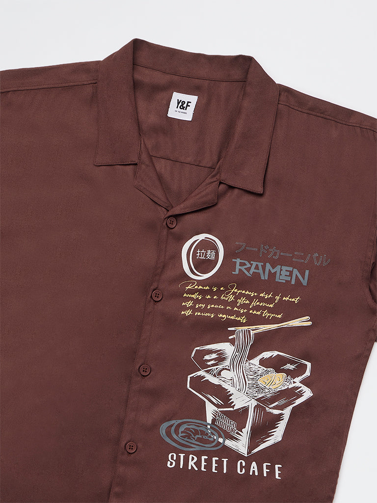 Y&F Kids Boys Dark Brown Printed Shirt