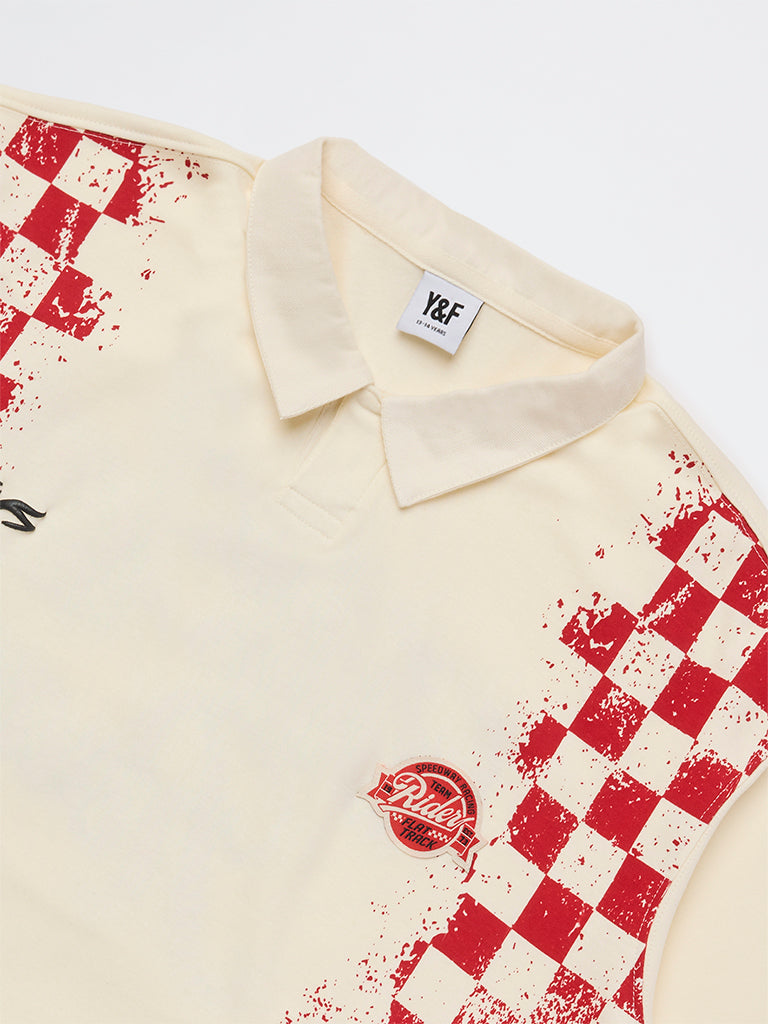 Y&F Kids Boys Cream Printed Cotton T-Shirt