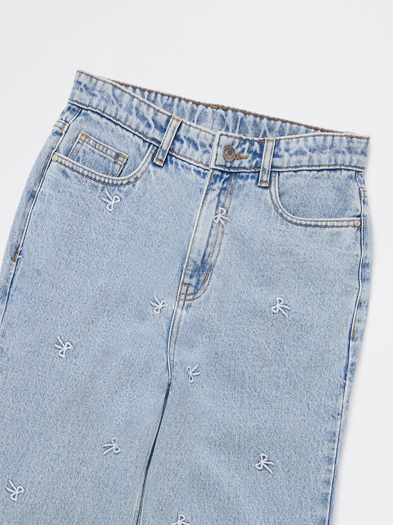 Y&F Kids Girls Blue Embroidered High-Rise Jeans