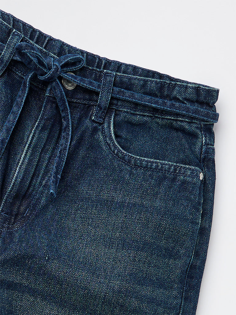 Y&F Kids Girls Blue Dark Wash High-Rise Jeans with Belt