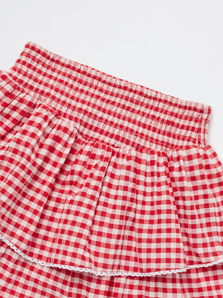 Y&F Kids Girls Red Checkered Tiered Cotton Skirt