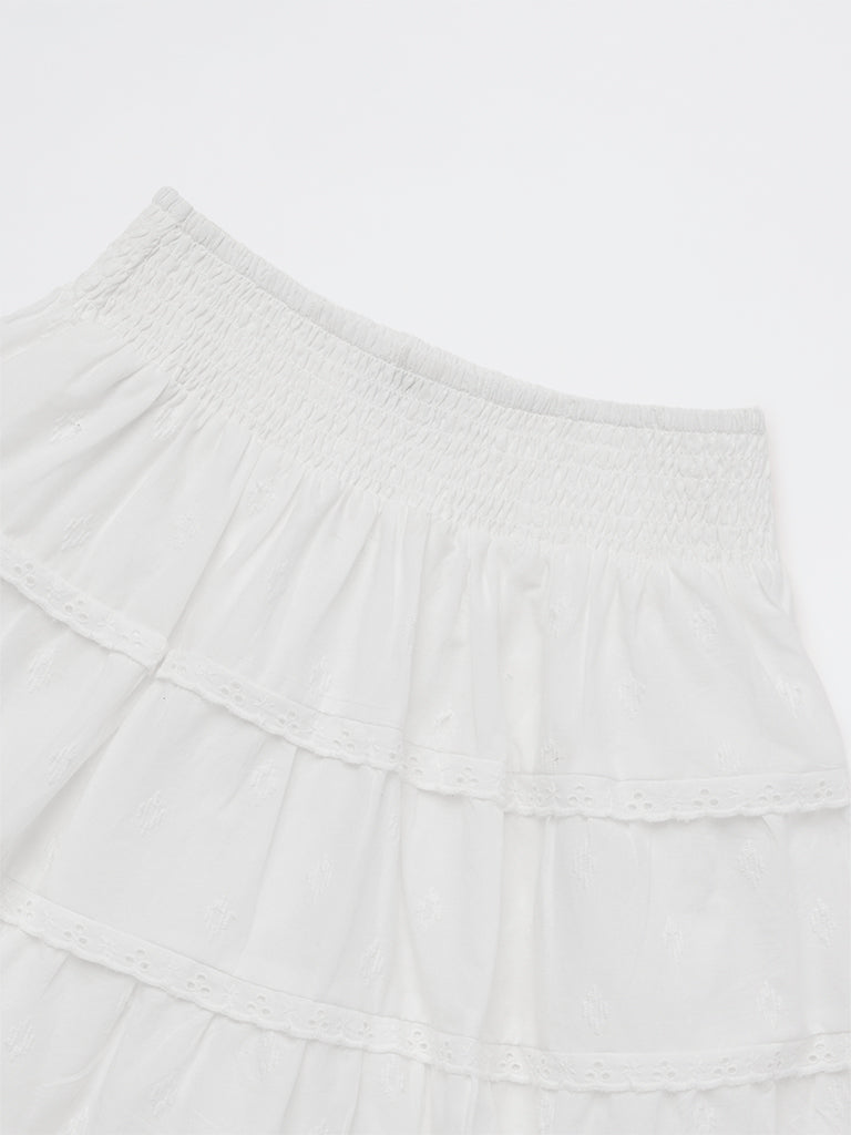 Y&F Kids Girls White Embroidered Cotton Tiered Skirt