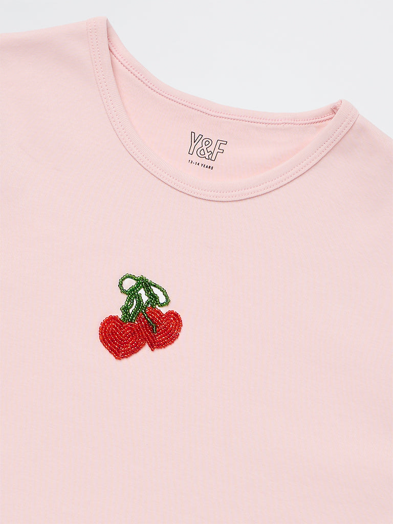Y&F Kids Girls Pink Embellished Cotton-Blend T-Shirt