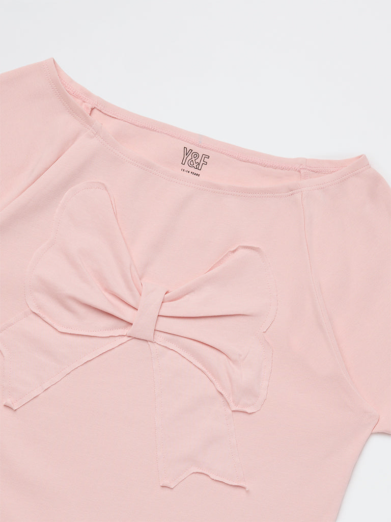 Y&F Kids Girls Light Pink Bow Design Cotton-Blend Top