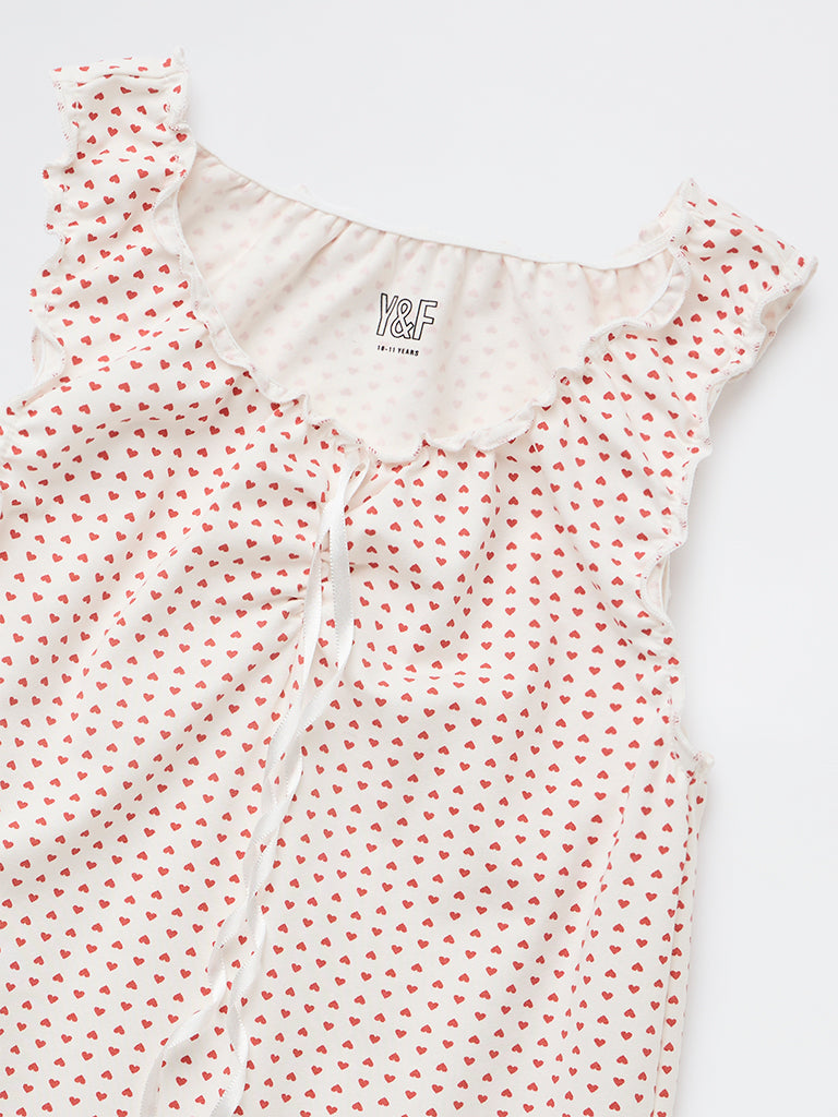 Y&F Kids Girls White Heart Printed Cotton-Blend Top