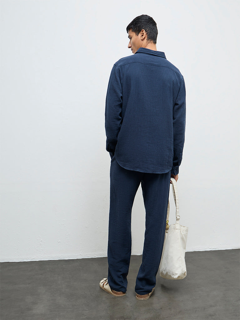 ETA Navy Textured Relaxed-Fit Mid-Rise Cotton Chinos