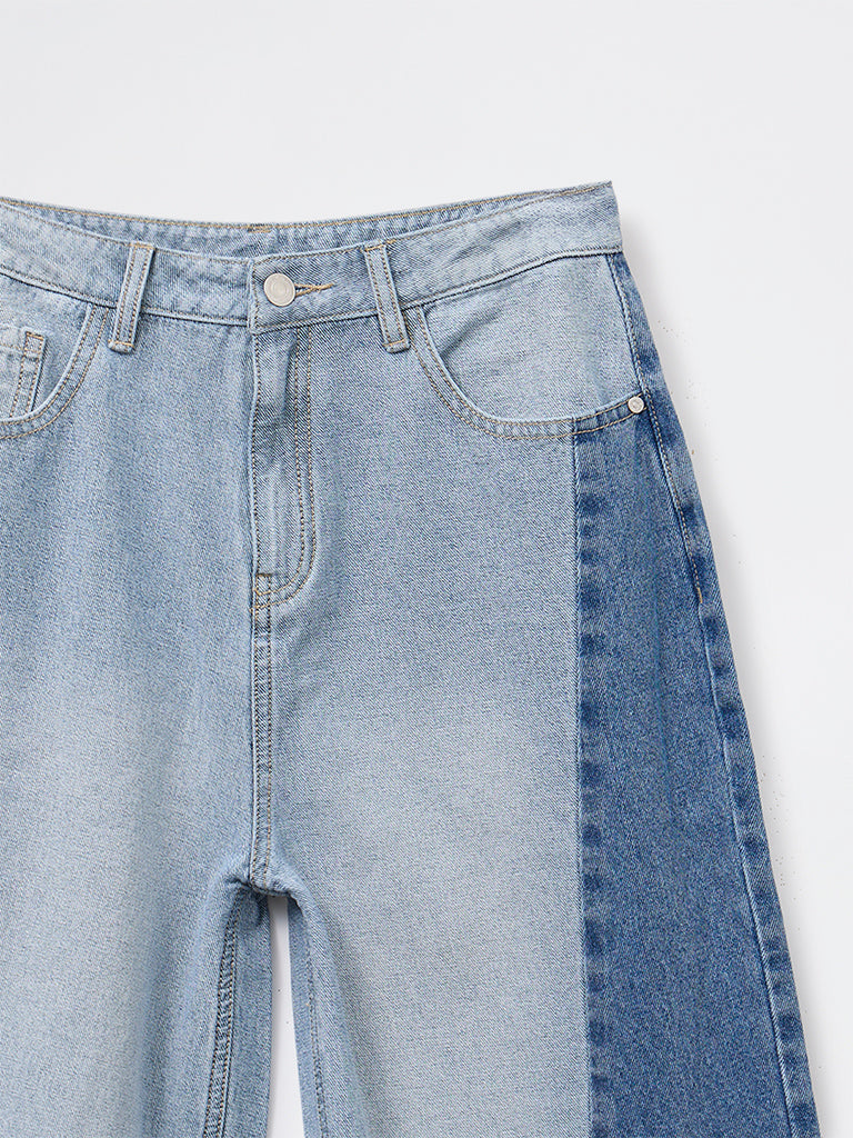 Y&F Kids Girls Blue Colour-Blocked High-Rise Jeans