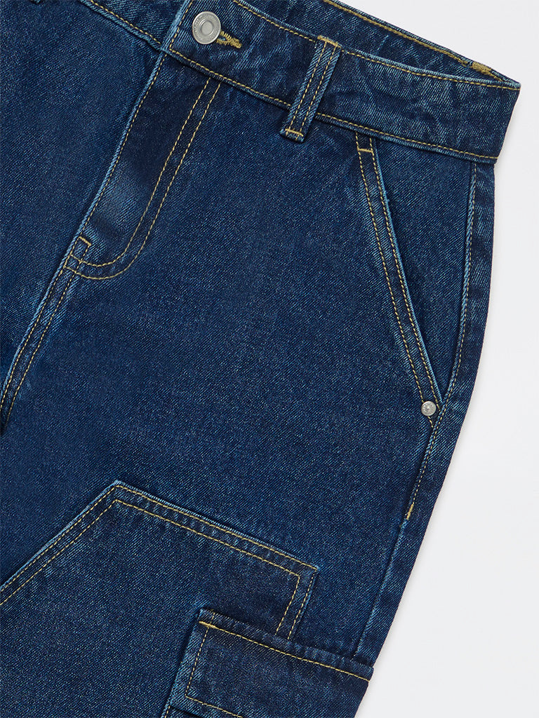 Y&F Kids Boys Blue Mid-Wash Relaxed-Fit Mid-Rise Cotton Jeans