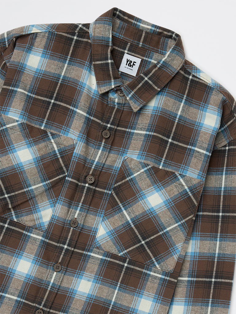 Y&F Kids Boys Dark Brown Check Cotton Shirt