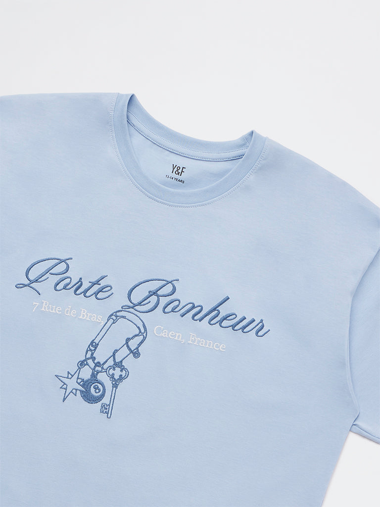 Y&F Kids Girls Light Blue Printed Cotton T-Shirt