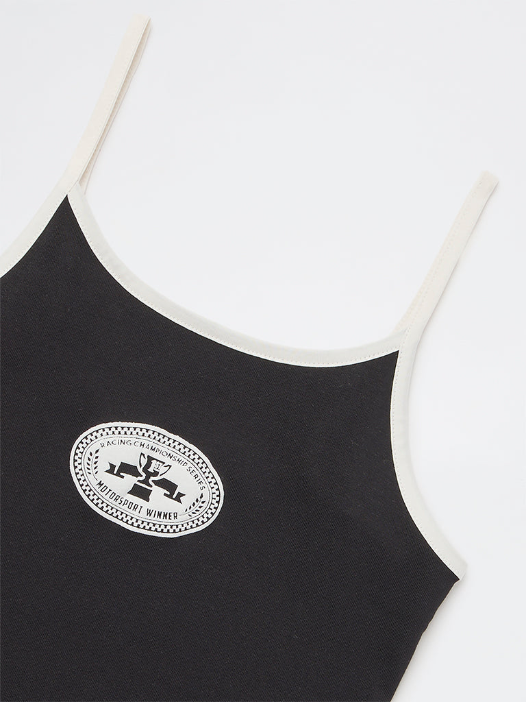 Y&F Kids Girls Black Printed Cotton-Blend Spaghetti Top