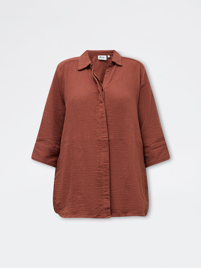 Gia Dark Brown Crinkle-Textured Cotton Blouse