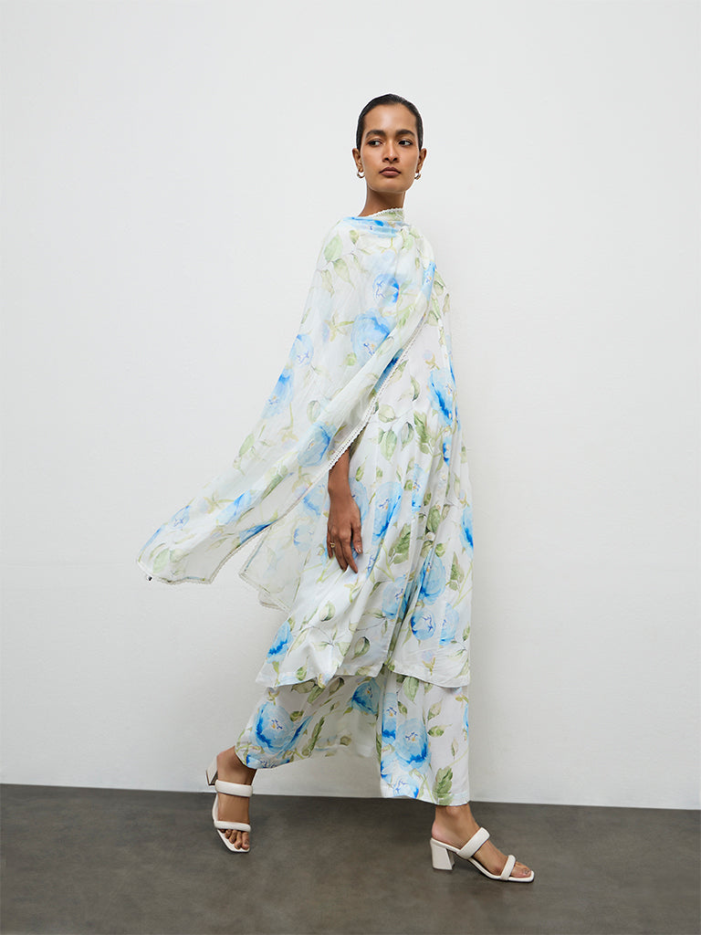 Zuba Blue Floral Printed Cotton Blend Dupatta