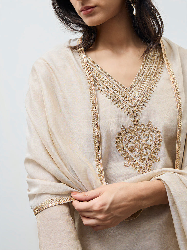 Zuba Beige Embellished A-Line Kurta