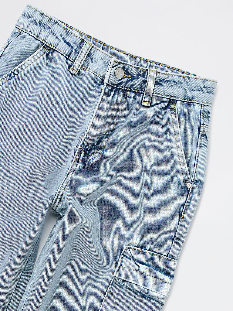 Y&F Kids Boys Light Blue Washed Cargo Jeans