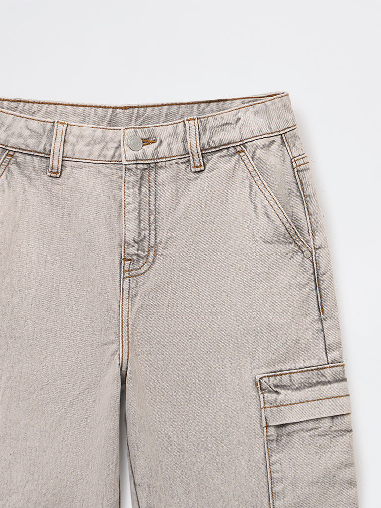 Y&F Kids Boys Light Grey Mid-Rise Relaxed-Fit Jeans