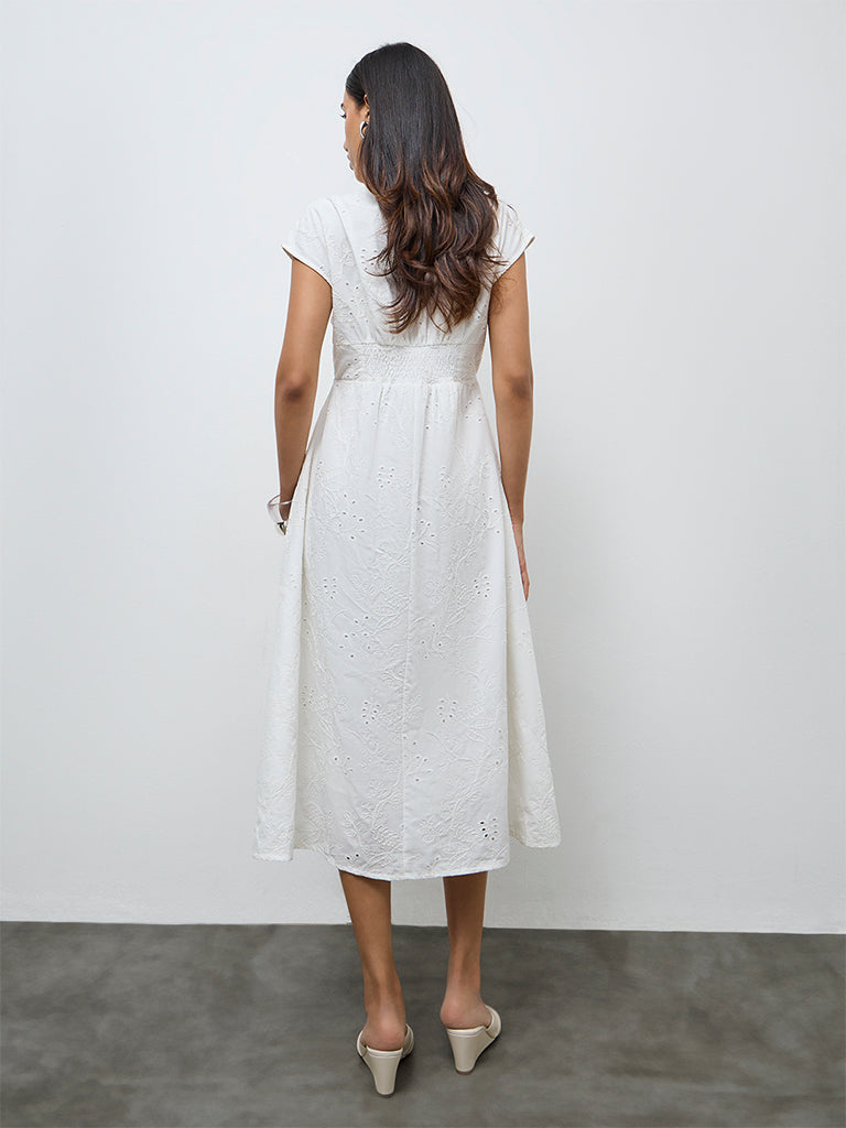 LOV White Floral Embroidered Cotton A-Line Dress
