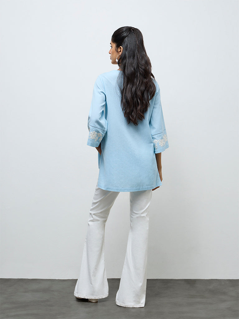 Utsa Blue Floral Embroidered Cotton-Blend Tunic