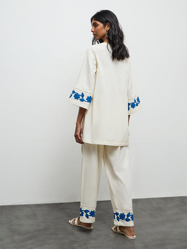 Utsa Off-White Floral Embroidered Cotton-Blend Tunic