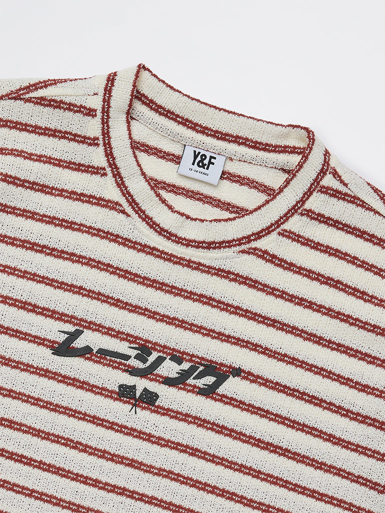 Y&F Kids Boys Red Striped Cotton T-Shirt